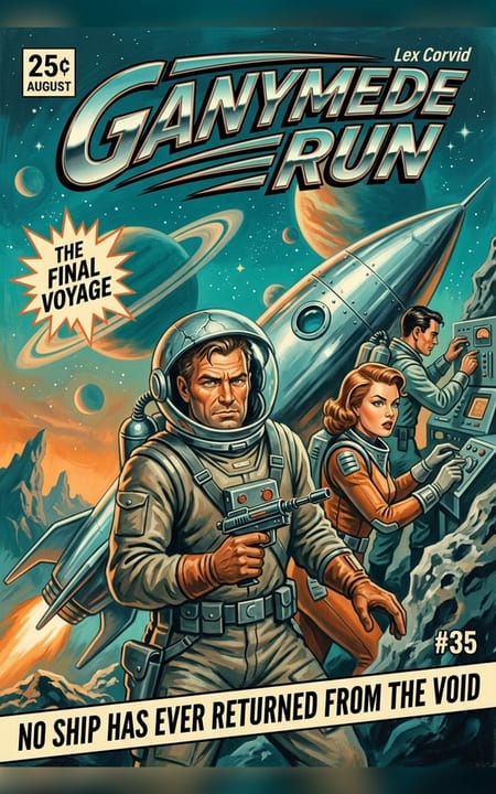 retro science fiction cover, Ganymede Run